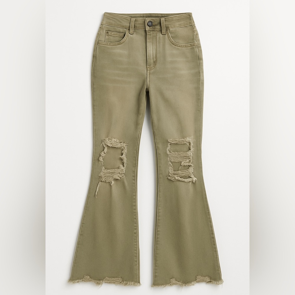 Stylish Olive Distressed Flare Jeans